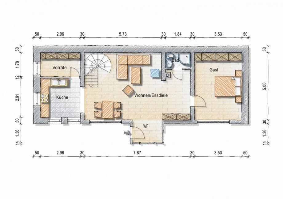 Wohnhaus II, Erdgeschoss Haus Erbes-B�desheim
